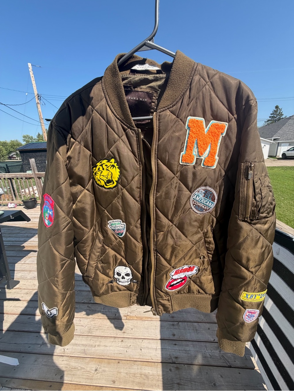 Zara Olive Quilted Bomber Jacket with Colorful Patches